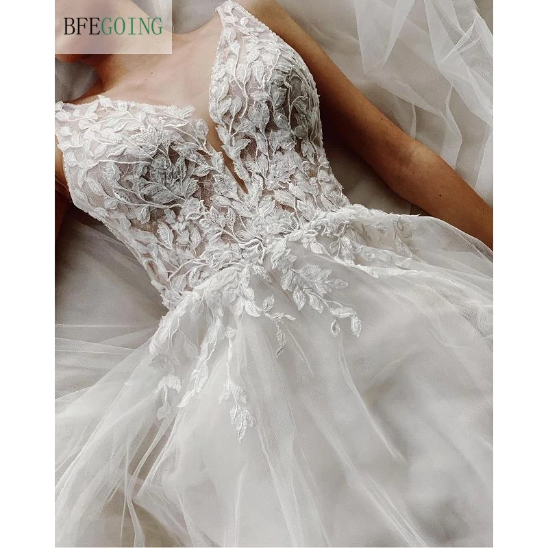 Robe de mariée en Tulle Organza blanc, avec Appliques en dentelle, longueur au sol, ligne a, traine de chapelle, col en v, sans manches