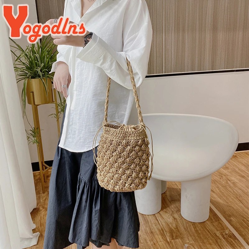 Yogodlns Summer Straw Shoulder Bag Women Large Capacity Rattan Bucket Bag Handmade Woven Beach Bag Fashion Vacation Handbag Tote