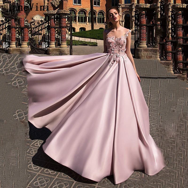 JaneVini Elegant A Line Long Prom Dresses 2020 Dusty Pink Sleeveless Lace 3D Flowers Backless Satin PLus Size Women Party Dress