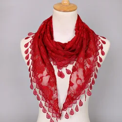 Women Lace Scarf  Pure Color Lace Tassel Headscarf Triangle Scarf Hollow Out Tassel Shawls Scarves Thin See Through Scarf Red