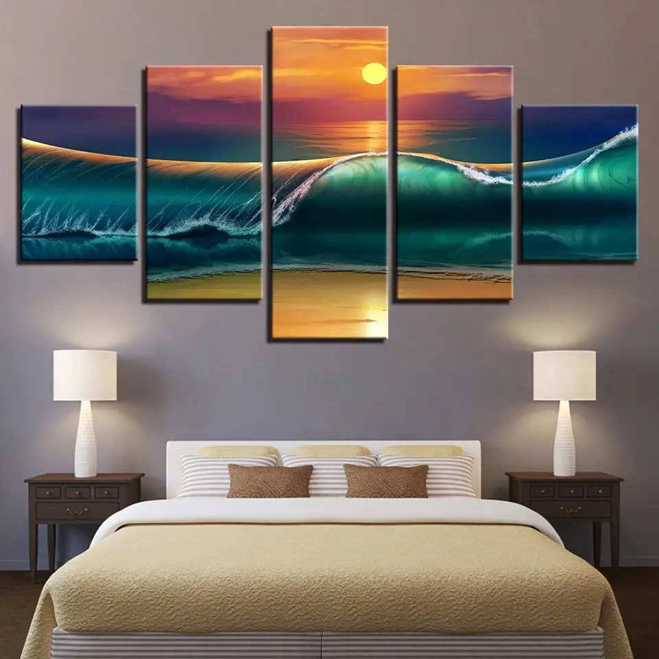 

5 Pieces Wall Art Canvas Painting Sunset Beach Huge Waves Seascape Poster Modular Pictures Home Decoration Modern Living Room