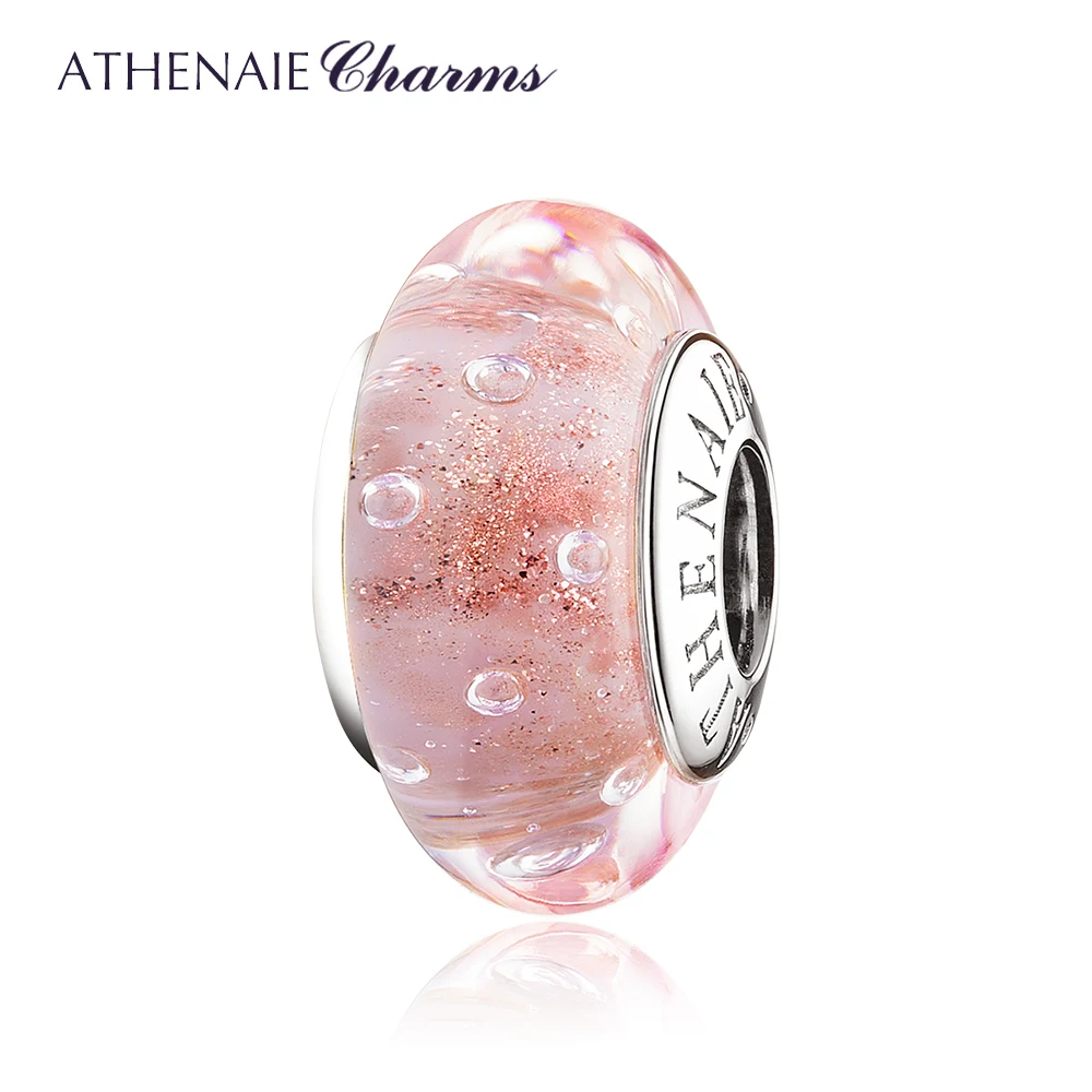 

ATHENAIE 925 Sterling Silver Murano Glass Beads Pink Gold Sands Bubble Charms Bead for Bracelets Bangle and Necklaces Girlfriend