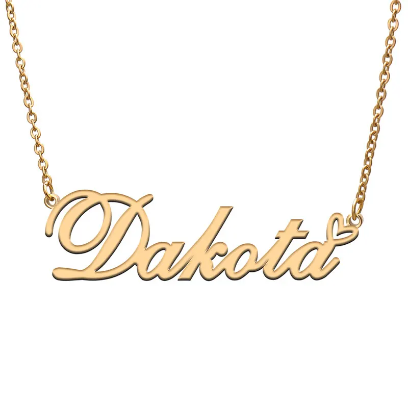 Dakota with Love Heart Name Necklace for Women Stainless Steel Jewelry Nameplate Pendant Femme Mother Child Girls Gift