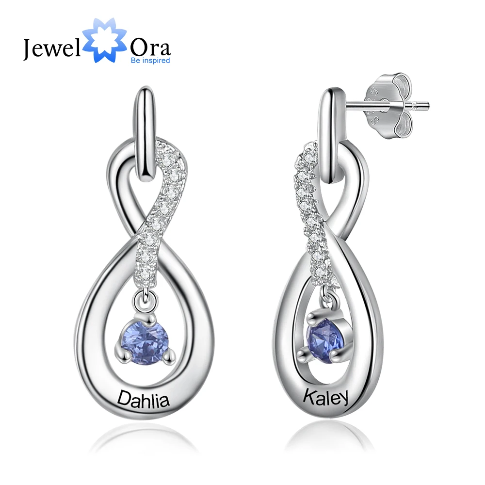 JewelOra Personalized Gifts Silver Color Infinity Name Earrings Customized DIY Birthstone Engraved Drop Earrings for Women