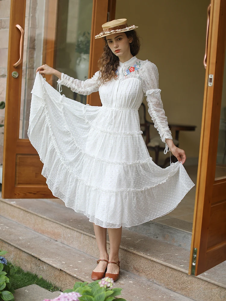 

LYNETTE'S CHINOISERIE Spring Summer New Women French Style Cottagecore Mori Girls Flower Embroidery Ruffled Chiffon Dresses