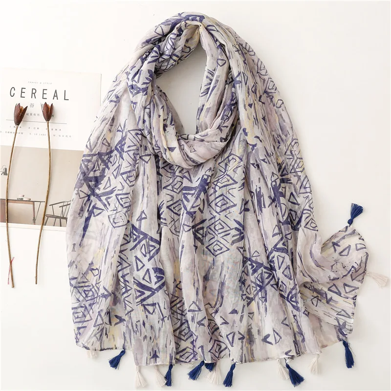 2023 Fashion Luxury Ink Painting Floral Tassel Viscose Shawl Scarf Lady High Quality Wrap Pashmina Stole Bufandas Muslim Hijab