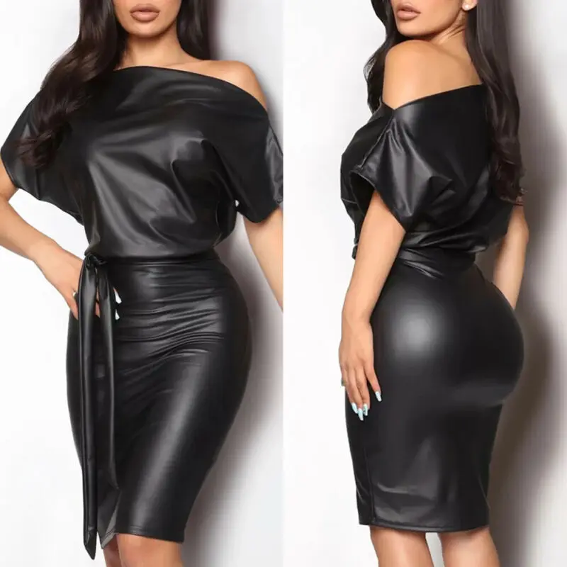 

New Women off Shoulder Long Sleeve PU Leather Casual Black Wet Look Bodycon Bandage Party Belted Pencil Cocktail Club Mini Dress