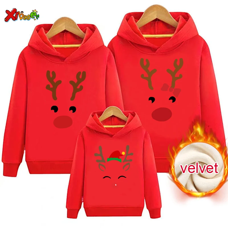 Family Matching Outfits Hoodies Warm Christmas New Year Sweater Pajamas Adult Kids Gift Children Clothing Sweatshirt Plus Velvet