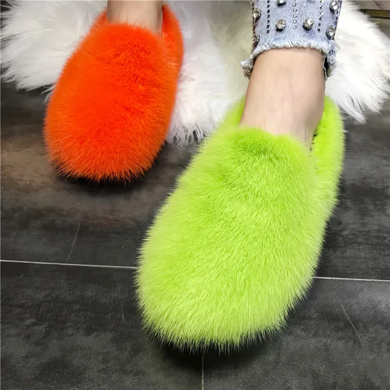 2024 New Real Mink Fur Women Flats Moccasins Winter Warm Shoes Outside Loafers Espadrilles Ladies Thick Sole Flat Fur Shoes