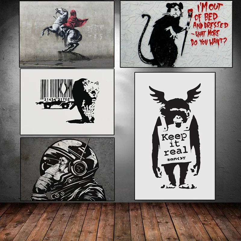 Banksy Animal Graffiti Monkey Mouse Horse Canvas Painting Posters and Prints Wall Art Picture for Living Room Home Decor Cuadros