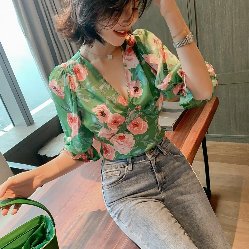 

2020 Summer Women Elegant Blouses V Neck Printing Bandage Tops Puff Sleeve Chiffon Blouse Women's Office Shirt Casual Short Tops