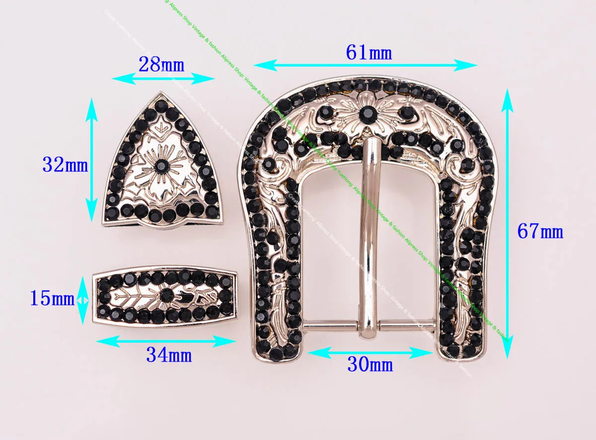 

Bling Silver Western Cowboy Rodeo 3PCS Set Flower Engraved DIY Replacement Black Rhinestone Crystal Belt Buckle Fit 30mm Strap