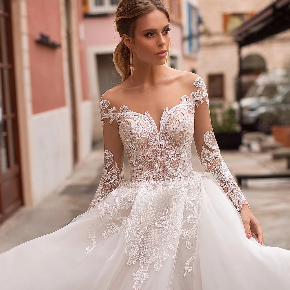 Prachtige Lange Mouwen Trouwjurken Boothals Delicate Applique Illusion Vestido De Novia Baljurk Bridal Dress