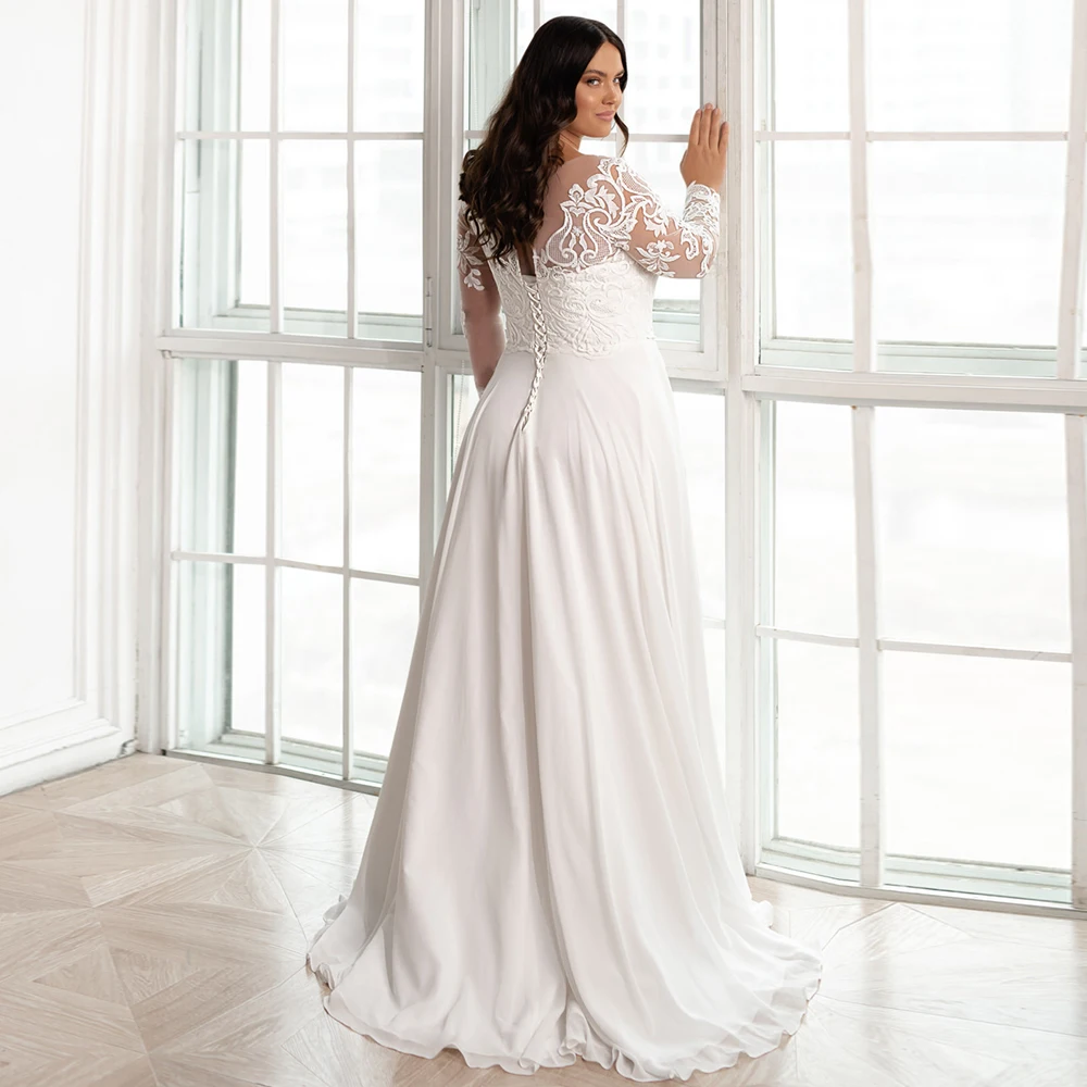 Robe de Mariée en Mousseline de Soie, Grande Taille, Col Rond, Manches sulf, Balayage Traîne, Appliques en Dentelle, Ligne A, pour Patients de Plage