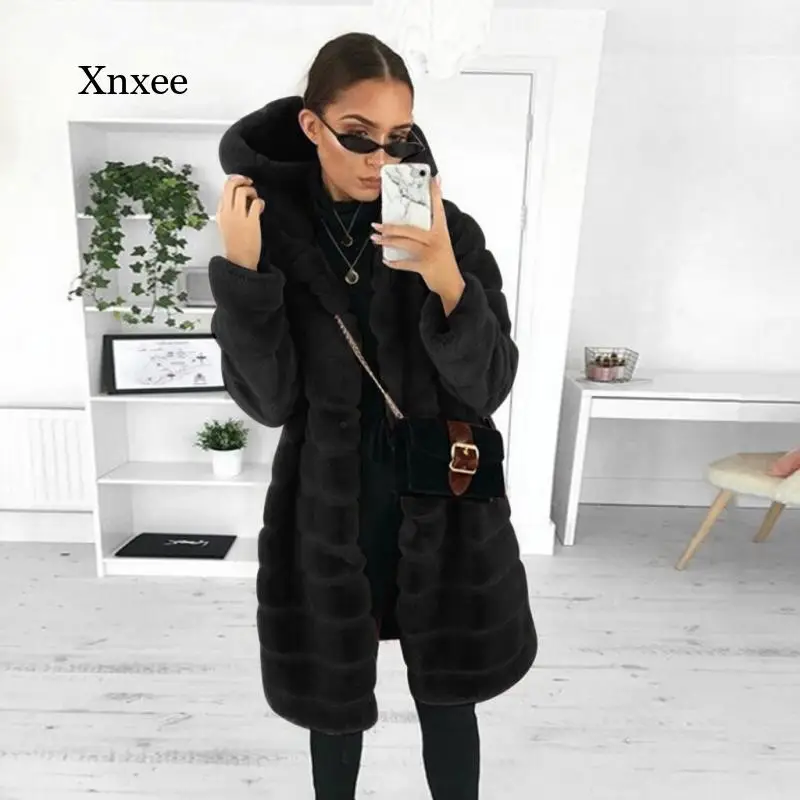 Bontjassen Winter Dikke Warme Faux Fur Jas Vrouwen Hooded Lange Mouwen Faux Fur Jacket Luxe Fall Kleding Overjas