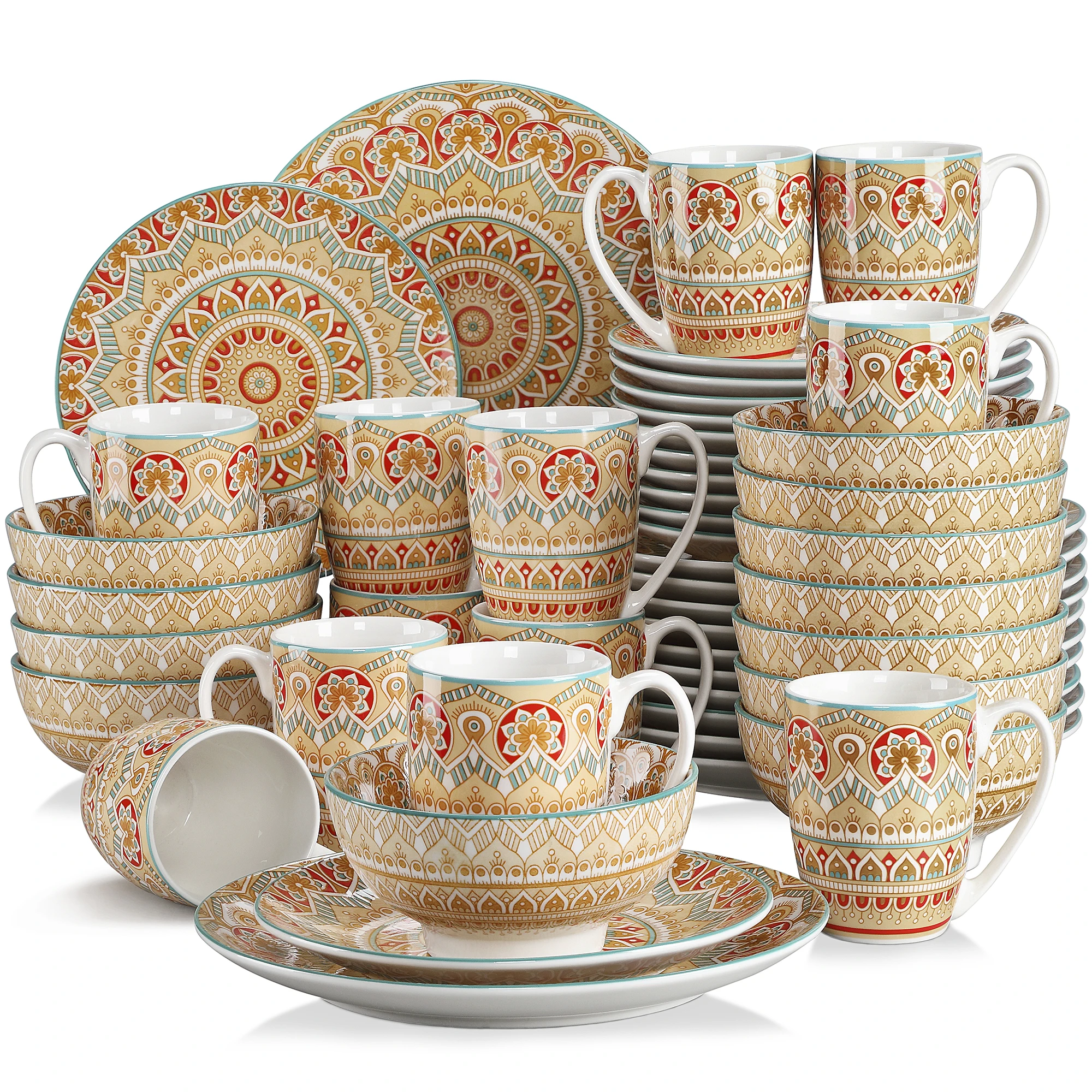 VANCASSO 16/32/48-Piece Yellow Bohemian Mandala Pattern Porcelain Tableware Dinner Set with Dinner Plate,Dessert Plate,Bowl,Mug