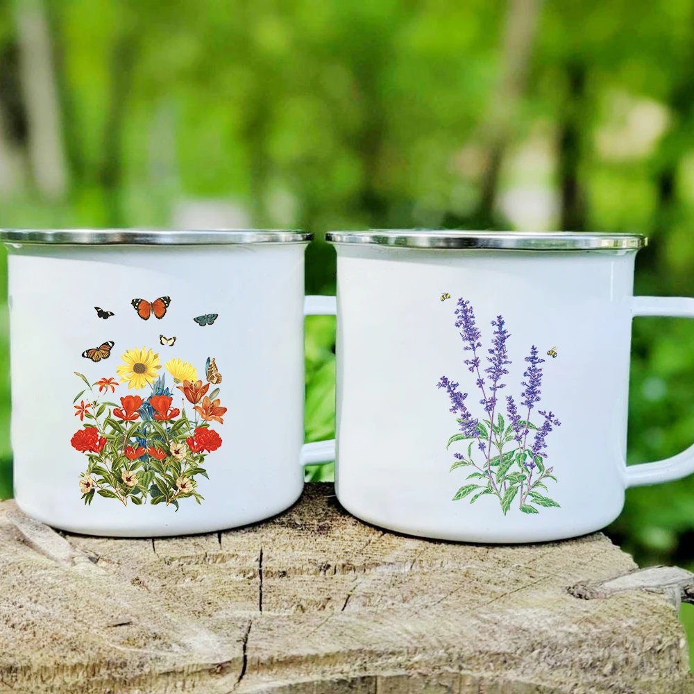 Creative Flowers Print Enamel Coffee Mugs Home Party Beer Drink Juice Cocoa Cups Student Children Breakfast Milk Mug Best Gifts