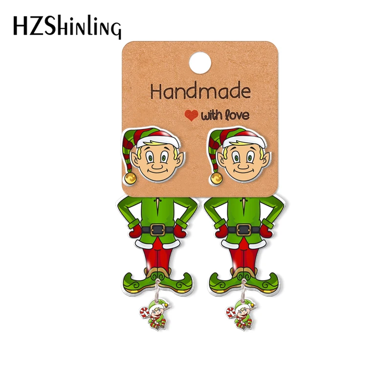 2021 Christmas Elf Boy Cartoon Pattern Acrylic Clip Earrings Stud Earrings Resin Epoxys Ear Jewelry