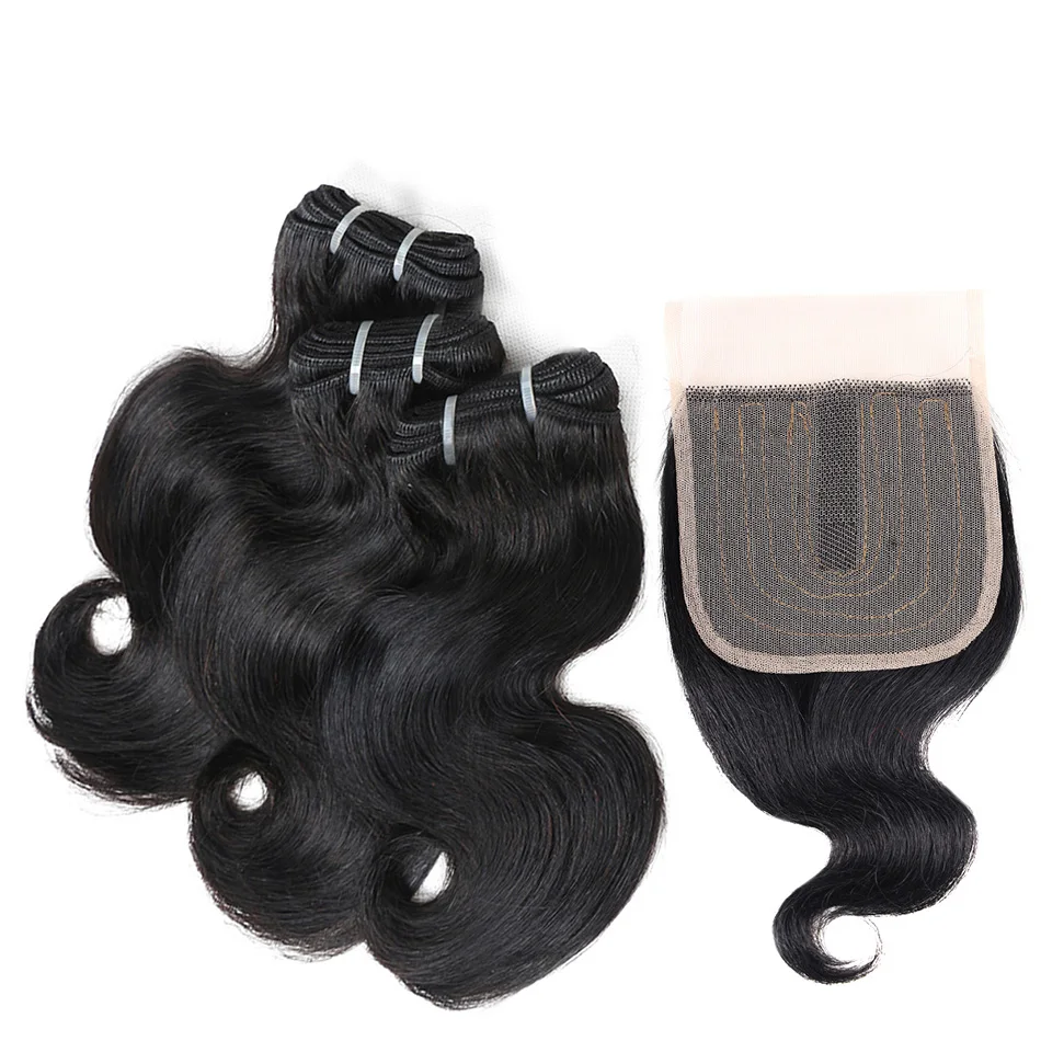 Human Hair Body Wave 3 Bundles With Closure Brazilian Remy Blonde Short Bob Wig Style 50g per bundle 100% Natural Human Hair