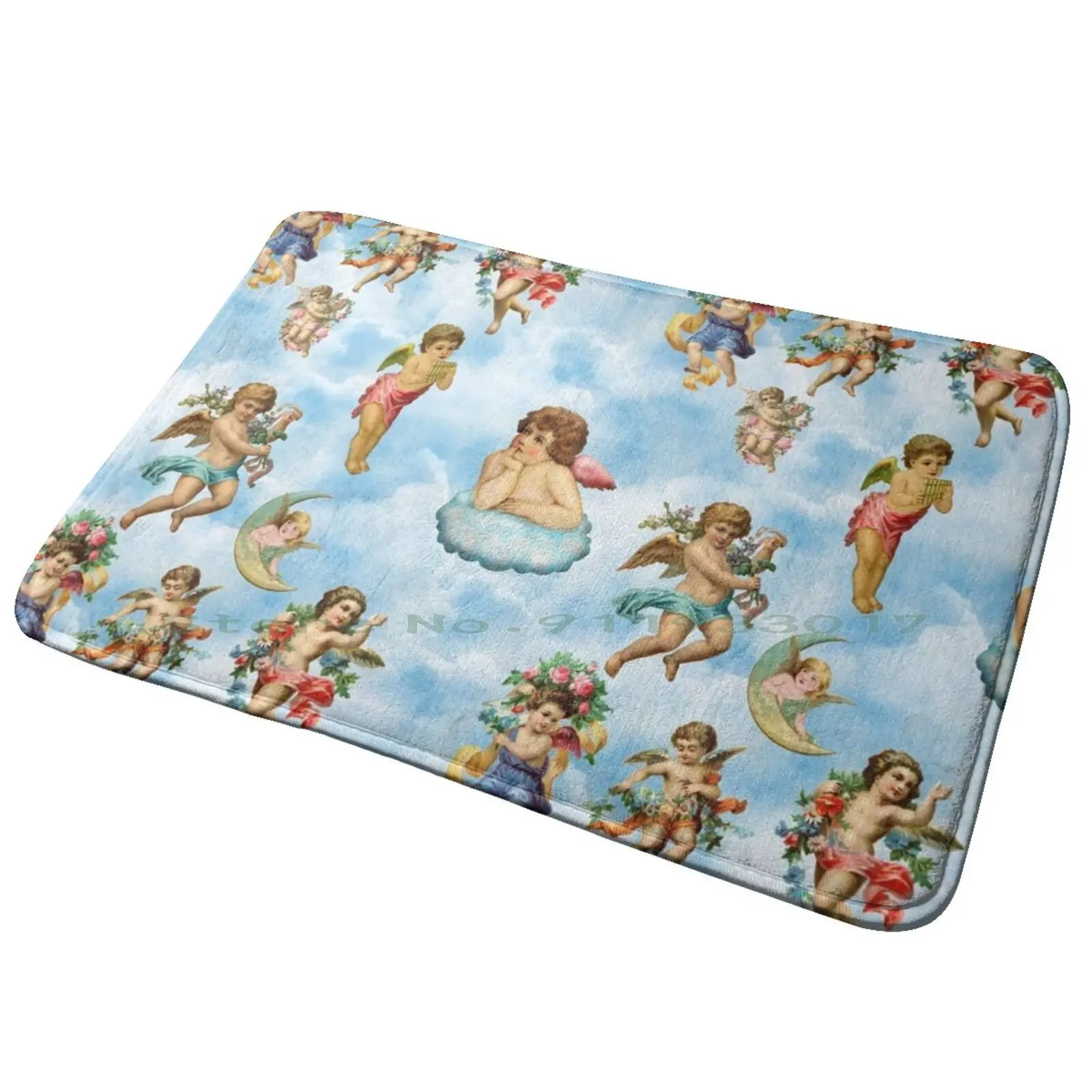 

Angel Cherub Clouds Antique Entrance Door Mat Bath Mat Rug Stripes Gold Anchor Pattern Royal Dark Blue Fishing For Her For Him