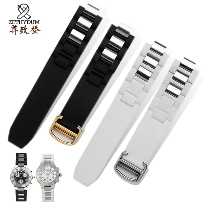 20 * 10mm For Cartier 21th Century Raised Mouth Silicone Watch Strap  Watch Black and White Watrproof Watch Chain