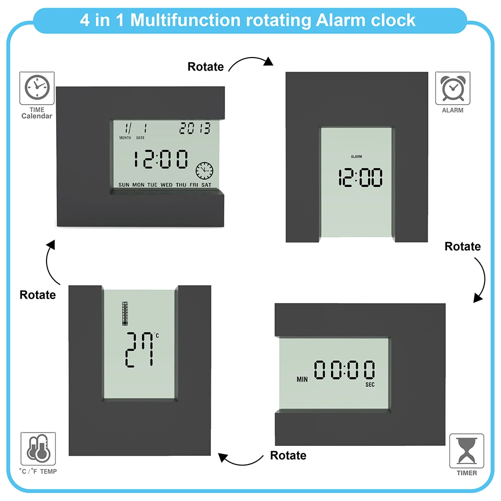 Digital Modern LCD Table Alarm Clock  with Electronic Timer Calendar & Temperature Desk Watch  for Home Office Battery Powered