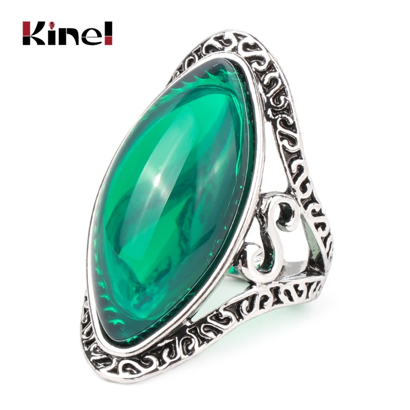 Kinel Boho Green Big Oval Finger Rings For Women Vintage Antique Tibetan Silver Female Statement Beach Holiday Jewlery Gifts