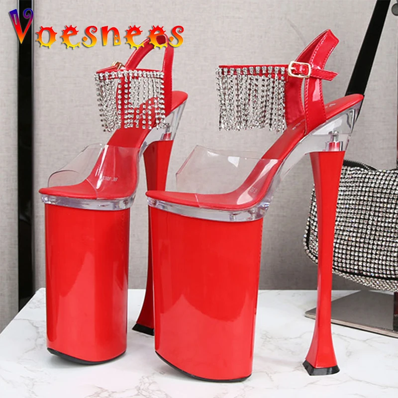 

High-Heeled Sandals Women 2021 New Platform Transparent Stiletto Shoes 26cm Female Tassel Diamond Model T Stage Show Women Shoes