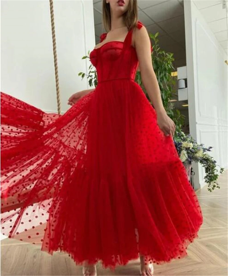 2021 Red Polka Dots Tulle A Line Evening Dress Spaghetti Straps Tied Bow Shoulder Tea Length Party Graduation Prom Dress