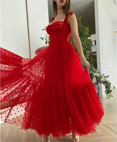 Red Polka Dots Tulle A Line Evening Dress Spaghetti Straps Tied Bow Shoulder Tea Length Party Graduation Prom Dress