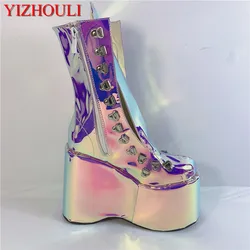 Magic purple 12.5cm fashion wedge heel, stage performance, street style, sexy custom boots, model club ankle boots