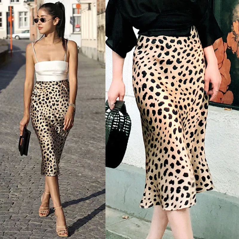 Women Lady Leopard Print Casual Party A Line Skirt Knee Length High Waist Sexy Skirts