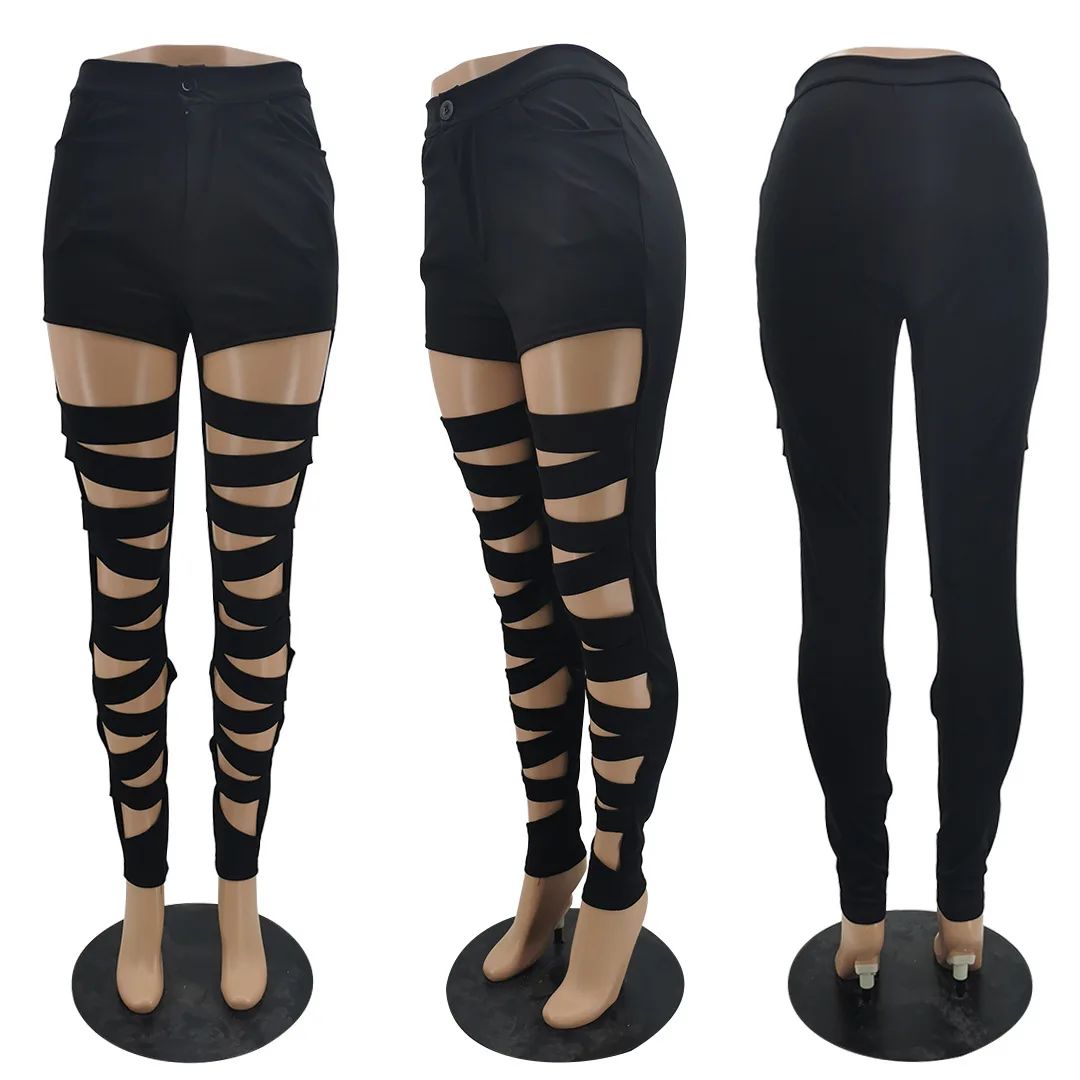 2023 Hollow Out Sexy Pencil Pants Women High Waist Bandage Leggings Clubwear Party Pants Female Solid Trousers