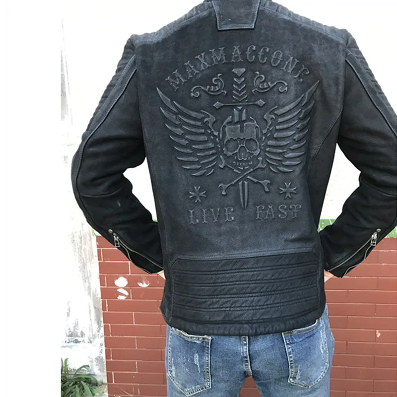 Vintage Black Autumn Skulls Leather Jacket Men Stand Collar Plus Size 3XL Natural Cowhide Slim Fit Genuine Leather Coat