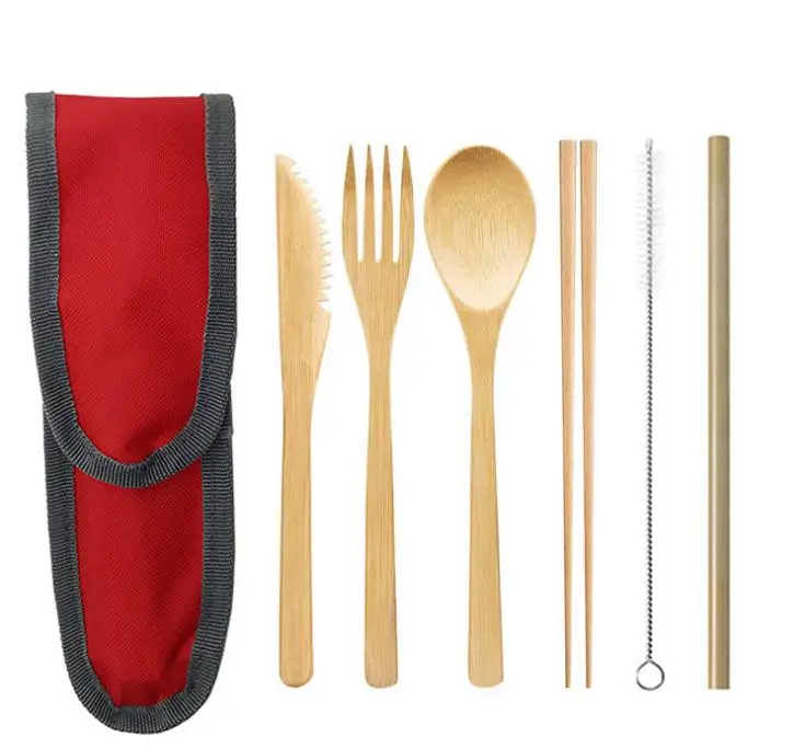 

Bamboo cutlery sets knife fork spoon kit bamboo straw portable outdoor picnic eco friendly tableware set SN3418