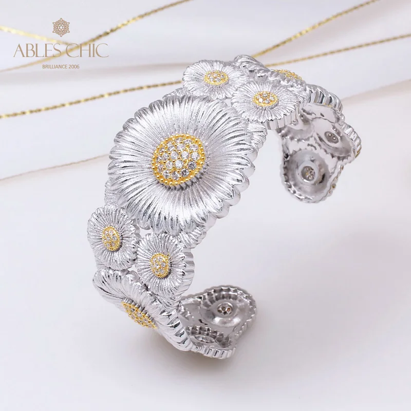 Ables Chic Yellow Gold Two Tone Daisy Blossoms Wedding Bangle 925 Silver Nature Flowers Visible Bracelets Bridal Renaissance 