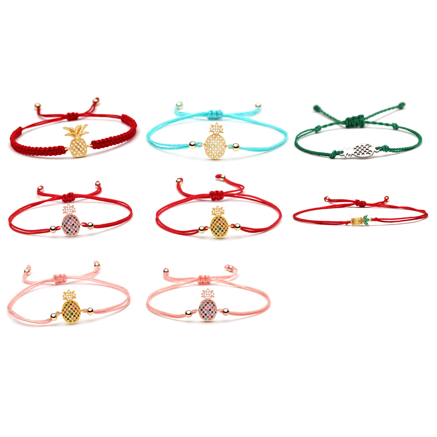 Pulsera con dijes de piña de circonita cúbica blanca para mujer y niña, colgante de fruta de cobre, cadena ajustable, cadena encerada, regalo de joyería de latón