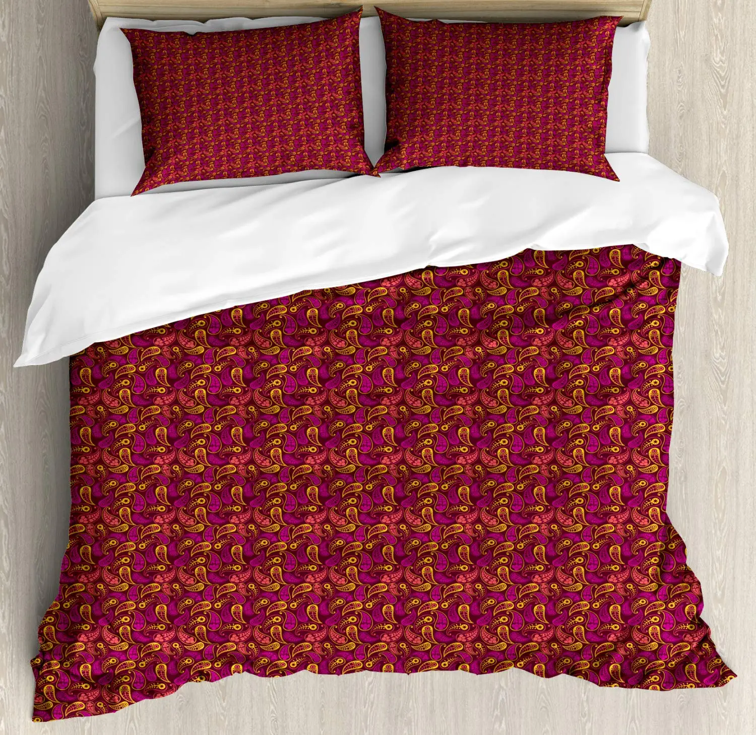 Brown Paisley Duvet Cover Set Traditional Persian Damask Art 3 Piece Bedding Set Dark Magenta Earth Yellow Burnt Sienna and Dark