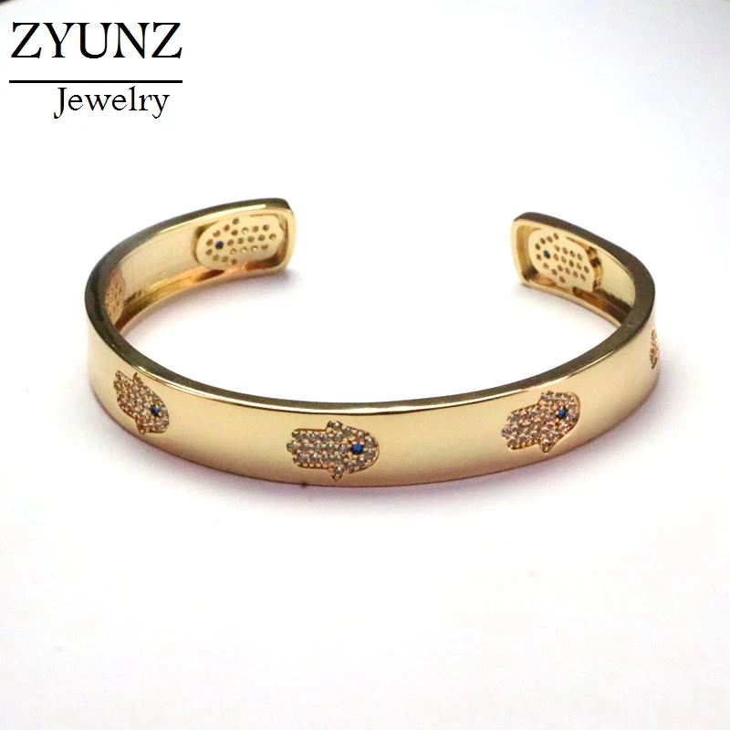 3PCS, Lucky Eye Open Cuff Bracelet Bangle Gold Color Micro Pave Fatima Hamsa Hand Bangle for Women Men Fashion Jewelry