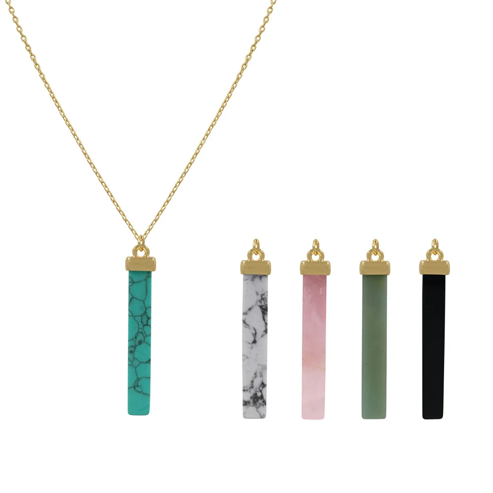 Classic Gold Color Plating Sqaure Marble Stick Green Pink Black White Stone Pendant Long Necklace For Women Girl Elegant Jewelry