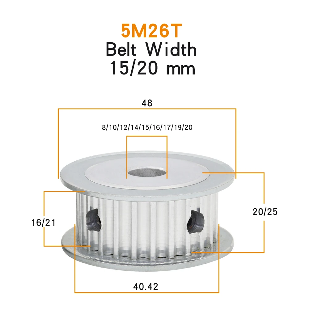 Belt Pulley 5M-26T Bore Size 8/10/12/14/15/16/17/19/20 mm Alloy Pulley Wheel AF Shape Match With Width 15/20 mm Timing Belt