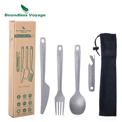 Boundless Voyage Utility Cutlery Set 4-Pieces with Carrying Case Titanium Spoon Fork Knife & Bottle Opener for Travel Camping
