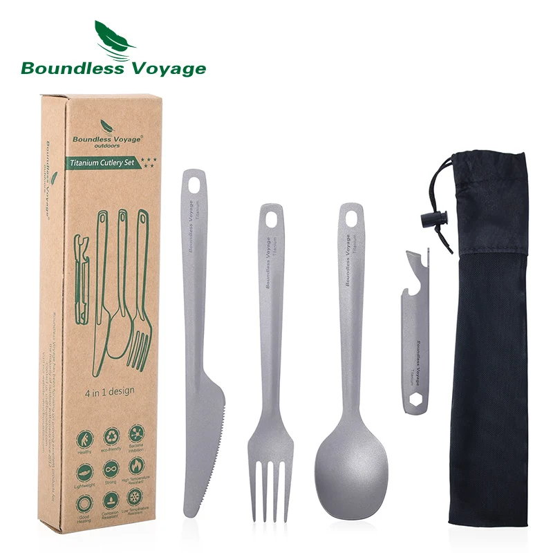 Boundless Voyage Utility Cutlery Set 4-Pieces with Carrying Case Titanium Spoon Fork Knife & Bottle Opener for Travel Camping