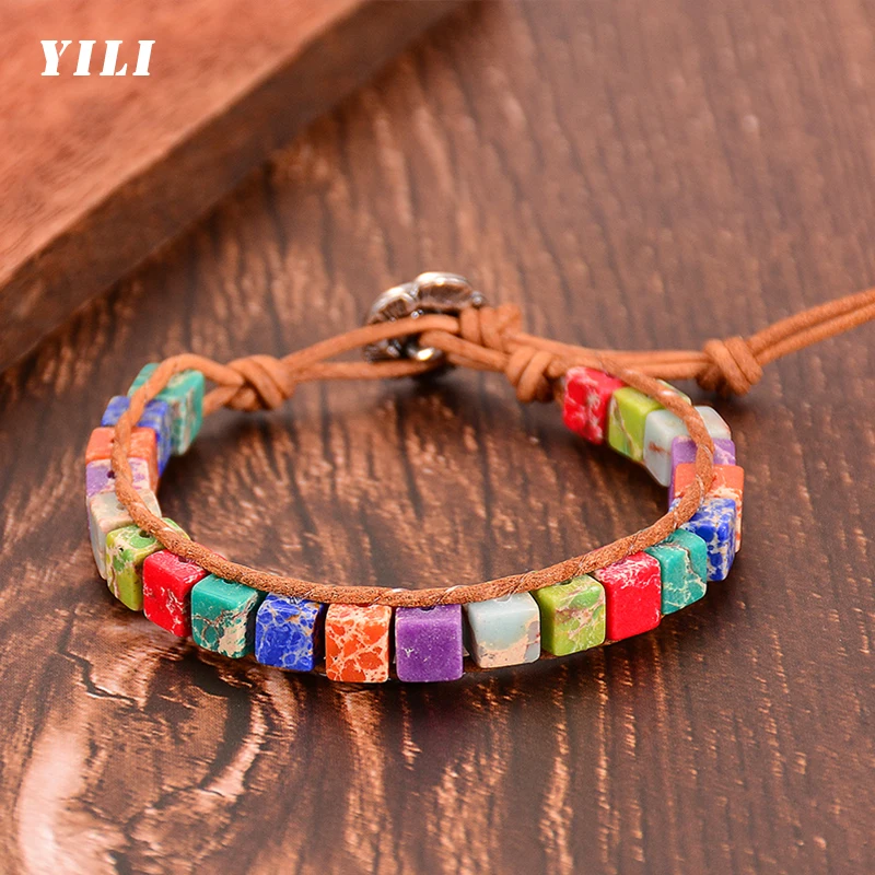 7 Chakra Bracelets for Women Multi Color Natural Stone Square Beads Leather Wrap Bracelet Healing Boho Jewelry