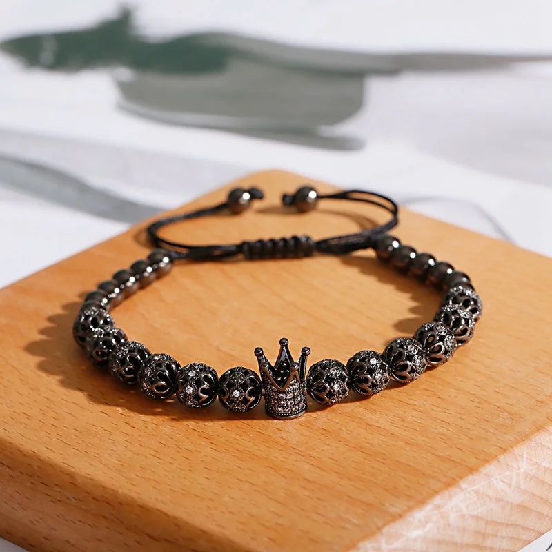 Luxury White CZ Crown Braided Bracelet Fashion Gold Color Carved Flower Copper Beads Bracelet Pulseira Masculina