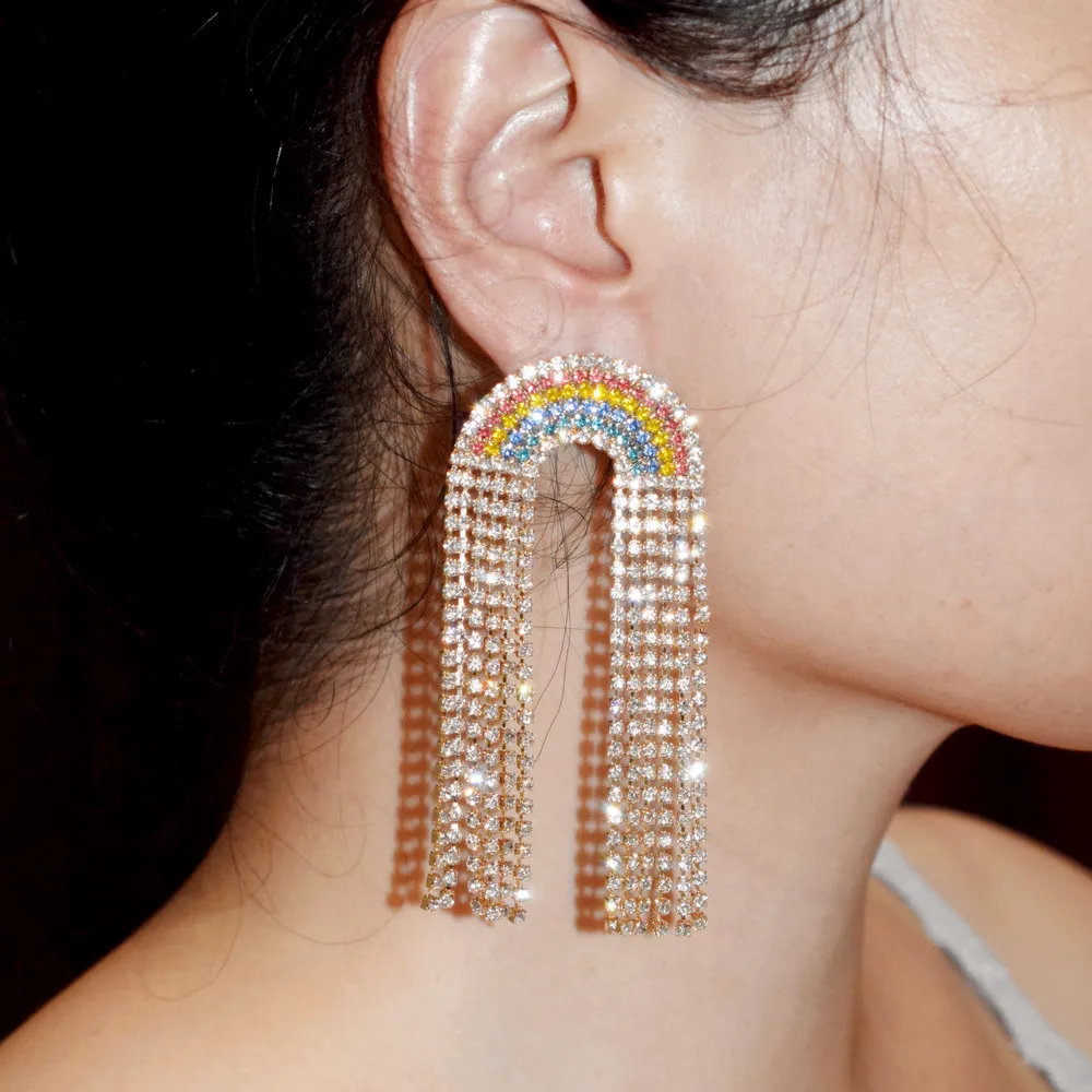 2022 New Fashion Rainbow Rhinestone Tassel Long Claw Chain Earrings Ladies Temperament Jewelry Catwalk