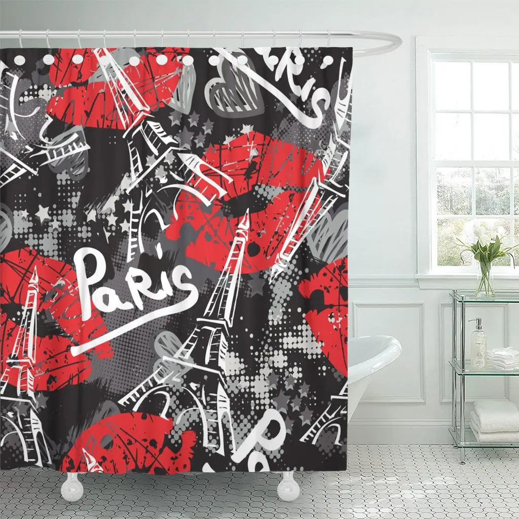 Black Bonjour Paris with Original Calligraphic Fonts Sketch Eiffel Tower and Lips Abstract White Shower Curtain Waterproof