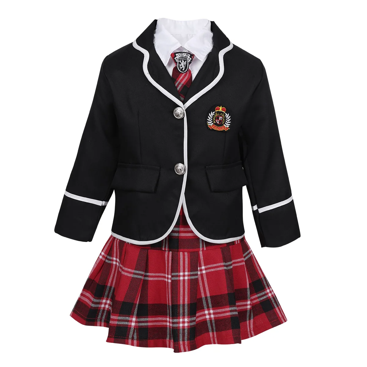 Kids Teens Japanese School Uniform Cosplay Student Costume Girls British Style School Uniform Coat with Shirt Tie Mini Skirt Set