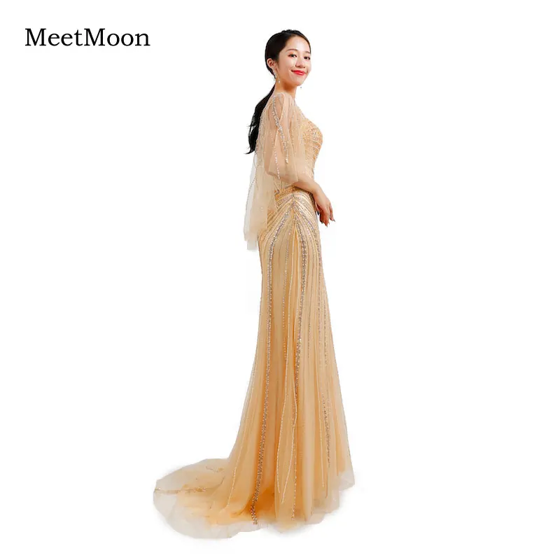 MeetMoon – Robe De soirée De forme sirène, luxueuse tenue De soirée De standing, dorée, perlée, célébrité, spectacle De dubaï, châle