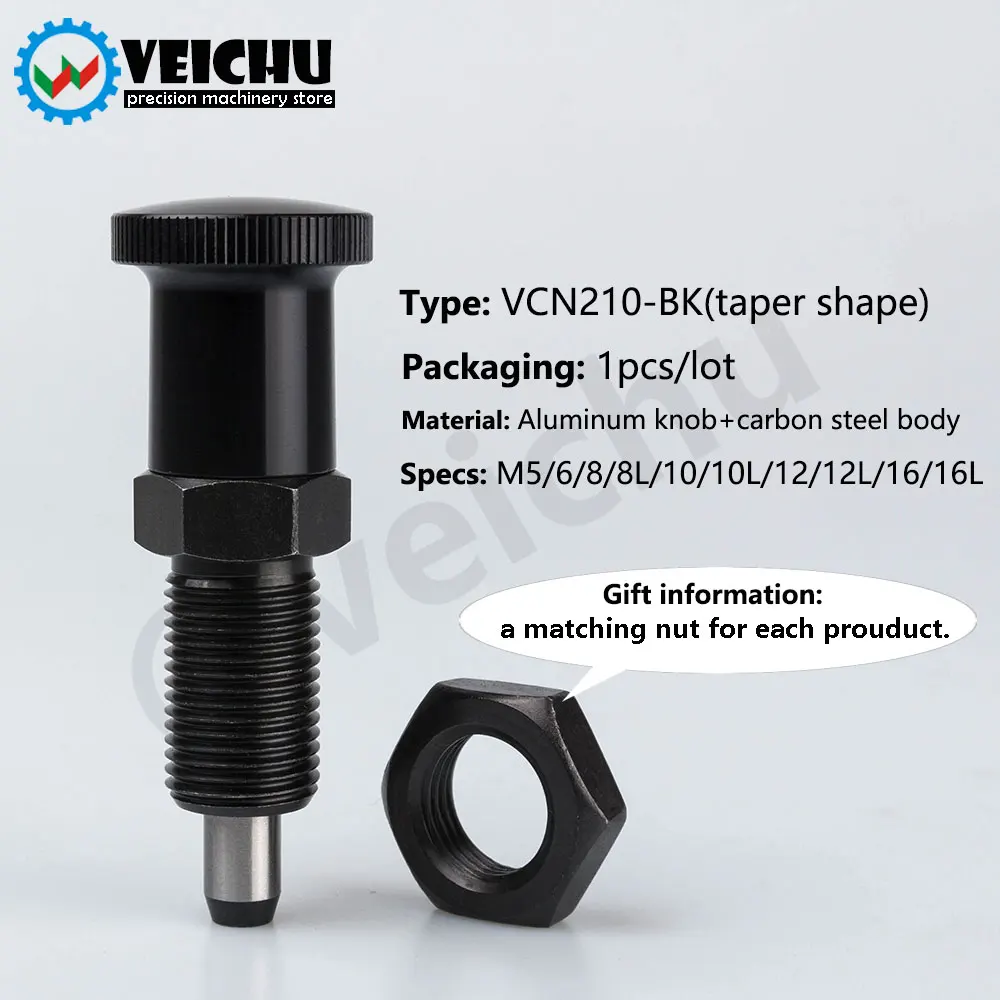 VEICHU Carbon Steel  Without Rest Position Indexing Plungers Aluminum Head Knob Plunger Taper Shape Pins With Nut